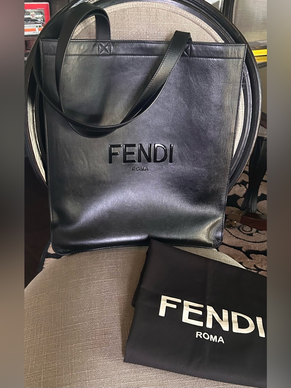Fendi Black Leather Logo Tote